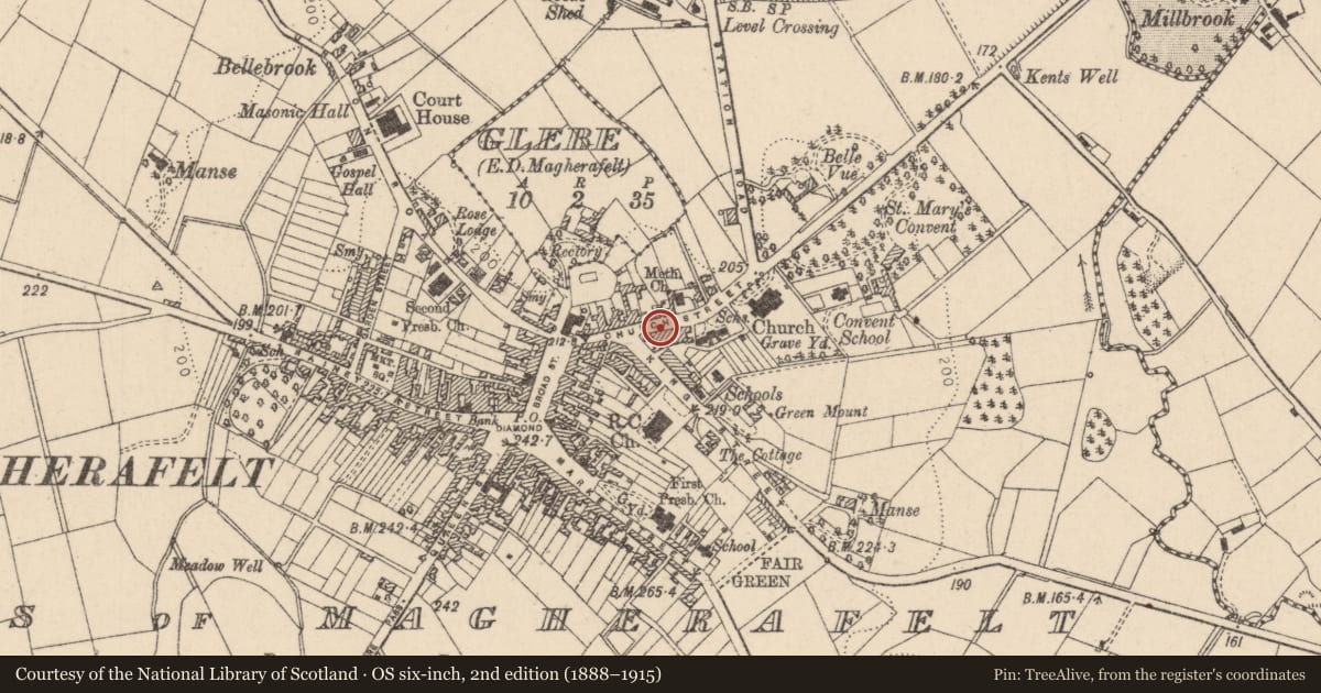 Ordnance Survey six-inch map, 2nd edition (1888–1915) covering the location of 19-21 Church St., Mid Ulster, with a pin at the register's coordinates