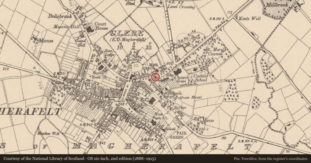 Ordnance Survey six-inch map, 2nd edition (1888–1915) covering the location of 27-27A Church St., Mid Ulster, with a pin at the register's coordinates