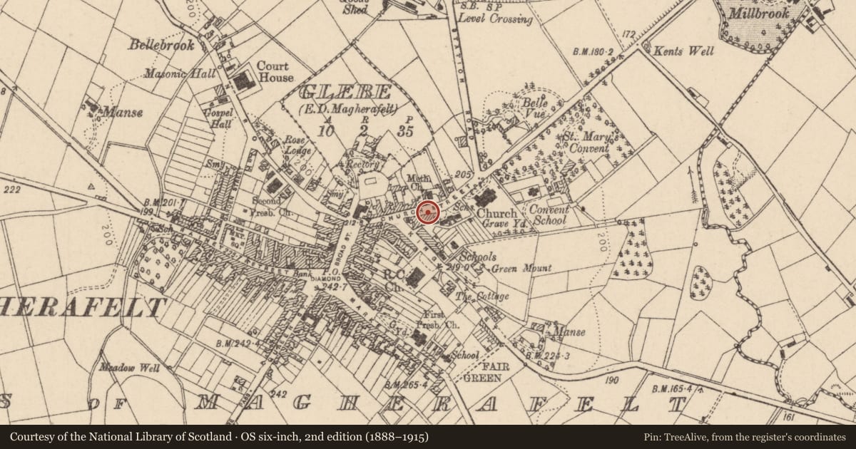 Ordnance Survey six-inch map, 2nd edition (1888–1915) covering the location of 29-31 Church St., Mid Ulster, with a pin at the register's coordinates