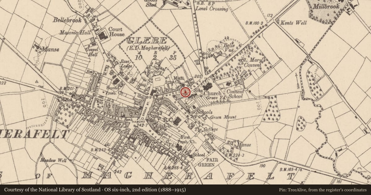 Ordnance Survey six-inch map, 2nd edition (1888–1915) covering the location of 35 Church St., Mid Ulster, with a pin at the register's coordinates