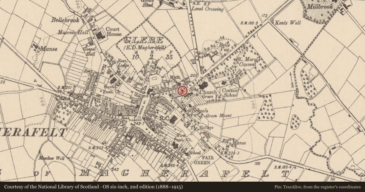 Ordnance Survey six-inch map, 2nd edition (1888–1915) covering the location of 37 Church St., Mid Ulster, with a pin at the register's coordinates