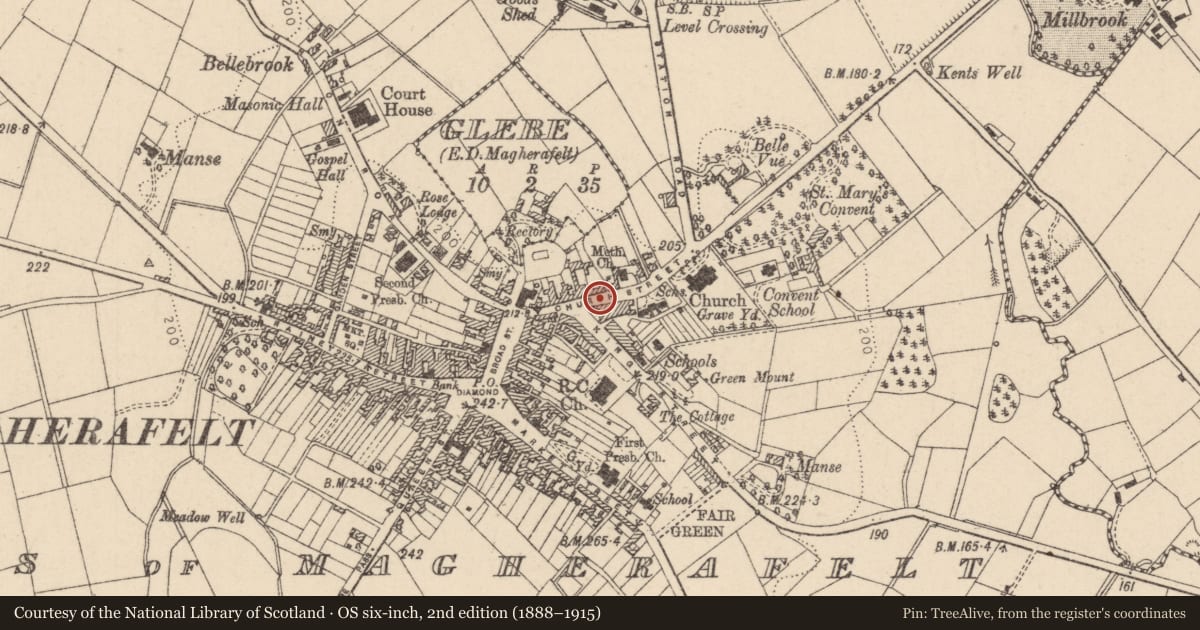 Ordnance Survey six-inch map, 2nd edition (1888–1915) covering the location of Post Box, Mid Ulster, with a pin at the register's coordinates