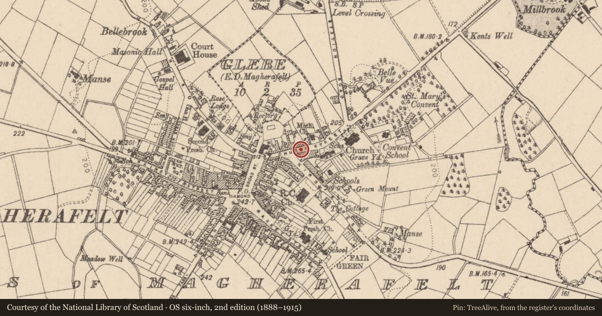 Ordnance Survey six-inch map, 2nd edition (1888–1915) covering the location of Telephone Kiosk, Mid Ulster, with a pin at the register's coordinates