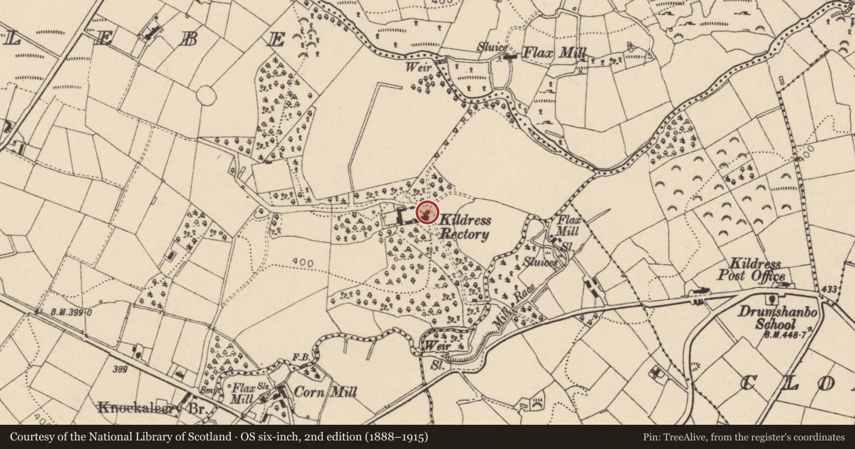 Ordnance Survey six-inch map, 2nd edition (1888–1915) covering the location of Kildress Rectory, Drumshanbo Glebe, Mid Ulster, with a pin at the register's coordinates
