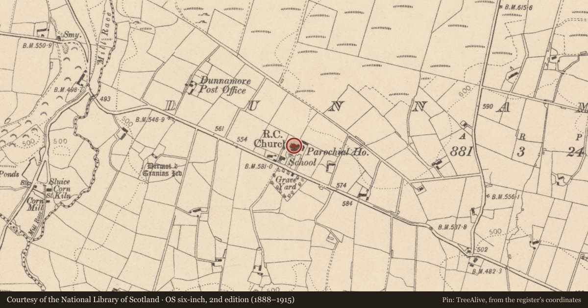Ordnance Survey six-inch map, 2nd edition (1888–1915) covering the location of St Mary's Roman Catholic Church, Dunnamore, Mid Ulster, with a pin at the register's coordinates