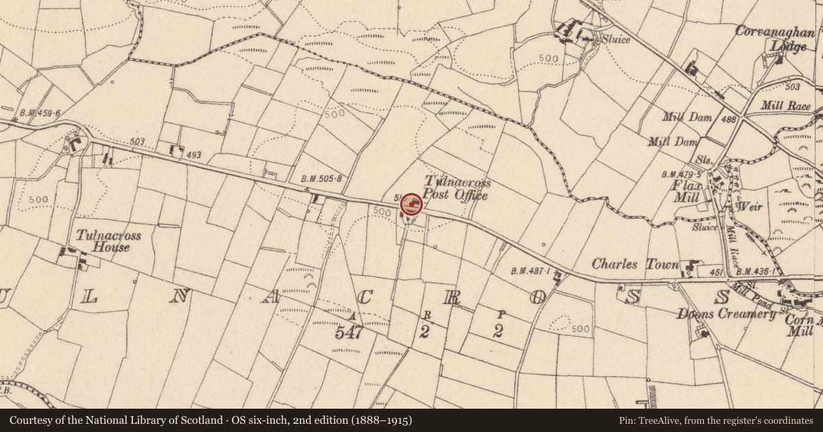 Ordnance Survey six-inch map, 2nd edition (1888–1915) covering the location of Telephone Kiosk, Tulnacross, with a pin at the register's coordinates