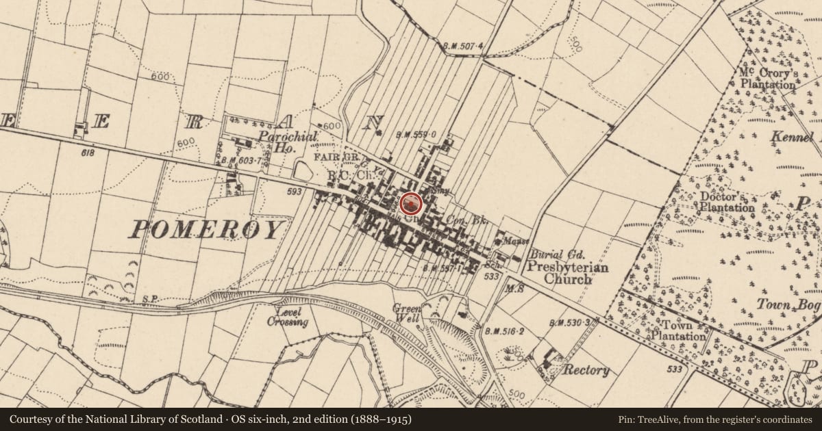 Ordnance Survey six-inch map, 2nd edition (1888–1915) covering the location of Altedesert Church of Ireland Parish Church, Cavanakeeran, Mid Ulster, with a pin at the register's coordinates