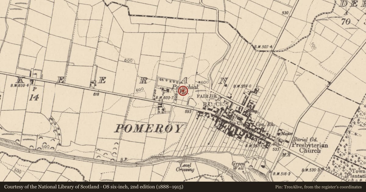Ordnance Survey six-inch map, 2nd edition (1888–1915) covering the location of St Mary's Roman Catholic Church, Cavanakeeran, Mid Ulster, with a pin at the register's coordinates