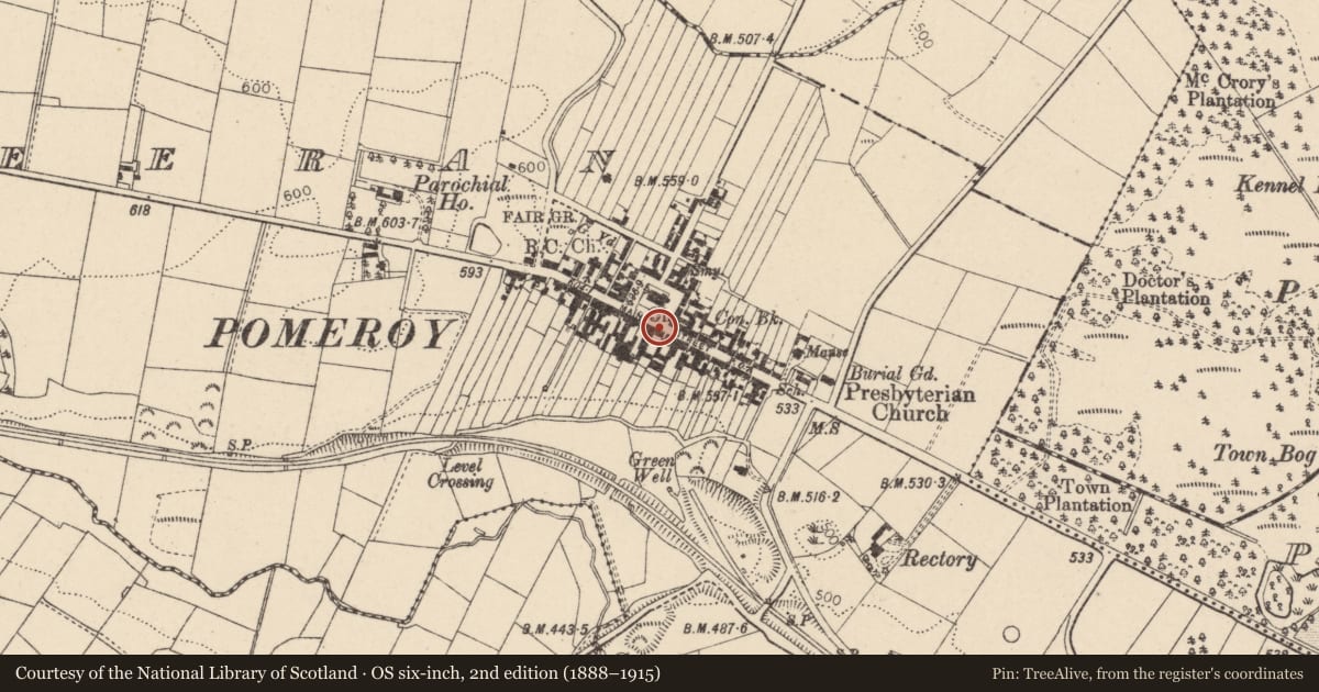 Ordnance Survey six-inch map, 2nd edition (1888–1915) covering the location of Old Court House, Cavanakeeran, Mid Ulster, with a pin at the register's coordinates