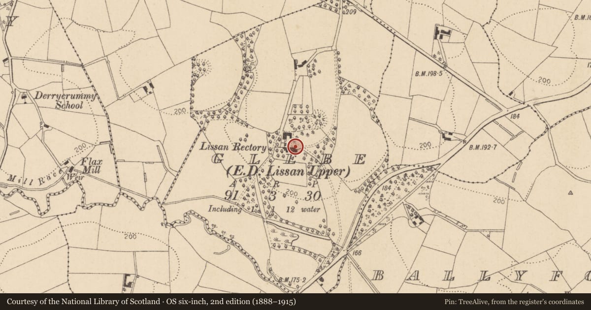 Ordnance Survey six-inch map, 2nd edition (1888–1915) covering the location of Lissan Rectory, Glebe, Mid Ulster, with a pin at the register's coordinates