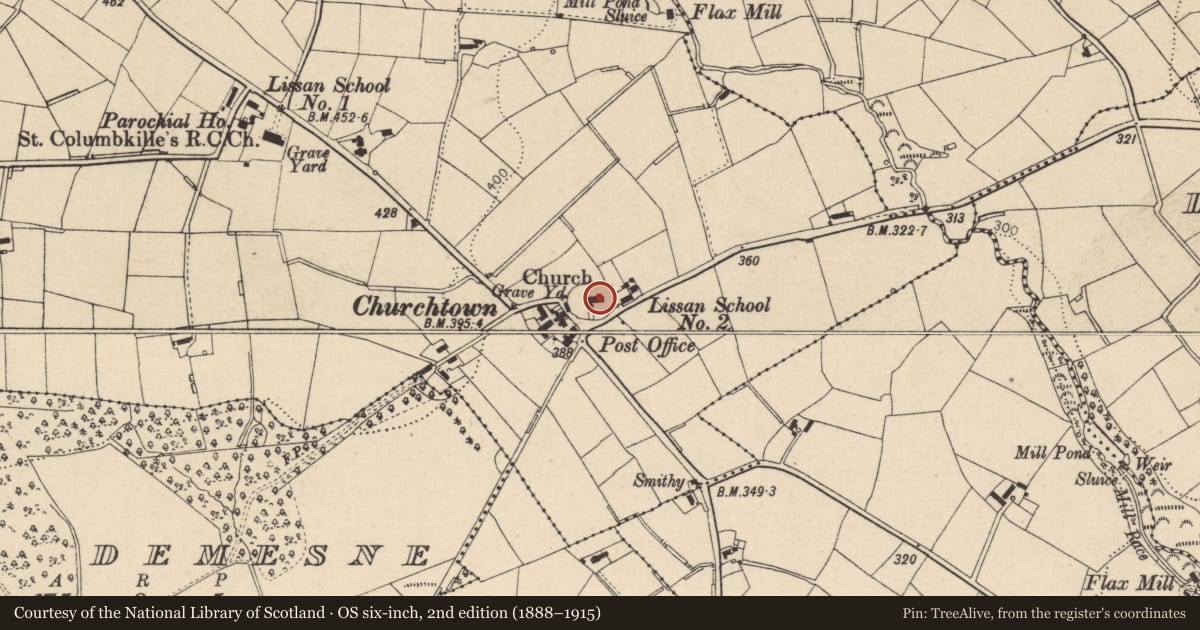 Ordnance Survey six-inch map, 2nd edition (1888–1915) covering the location of Lissan Church of Ireland Parish Church, Tullynure, Mid Ulster, with a pin at the register's coordinates