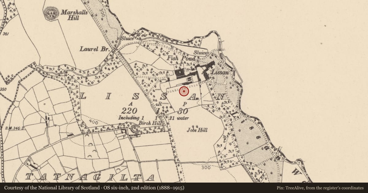 Ordnance Survey six-inch map, 2nd edition (1888–1915) covering the location of Walled garden, Lissan, Mid Ulster, with a pin at the register's coordinates