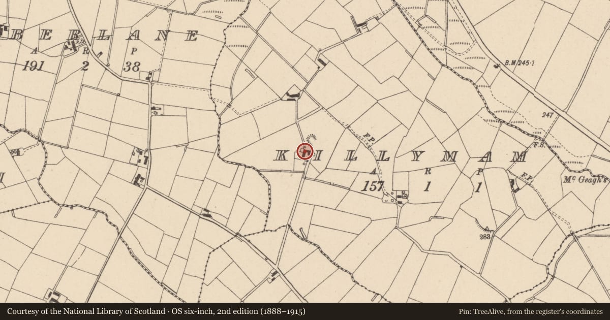 Ordnance Survey six-inch map, 2nd edition (1888–1915) covering the location of Killymain House, Killymam, Mid Ulster, with a pin at the register's coordinates