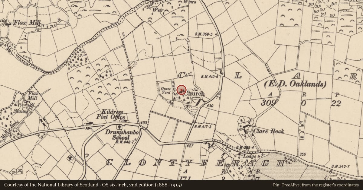 Ordnance Survey six-inch map, 2nd edition (1888–1915) covering the location of St Patrick's Church of Ireland, Clare, Mid Ulster, with a pin at the register's coordinates