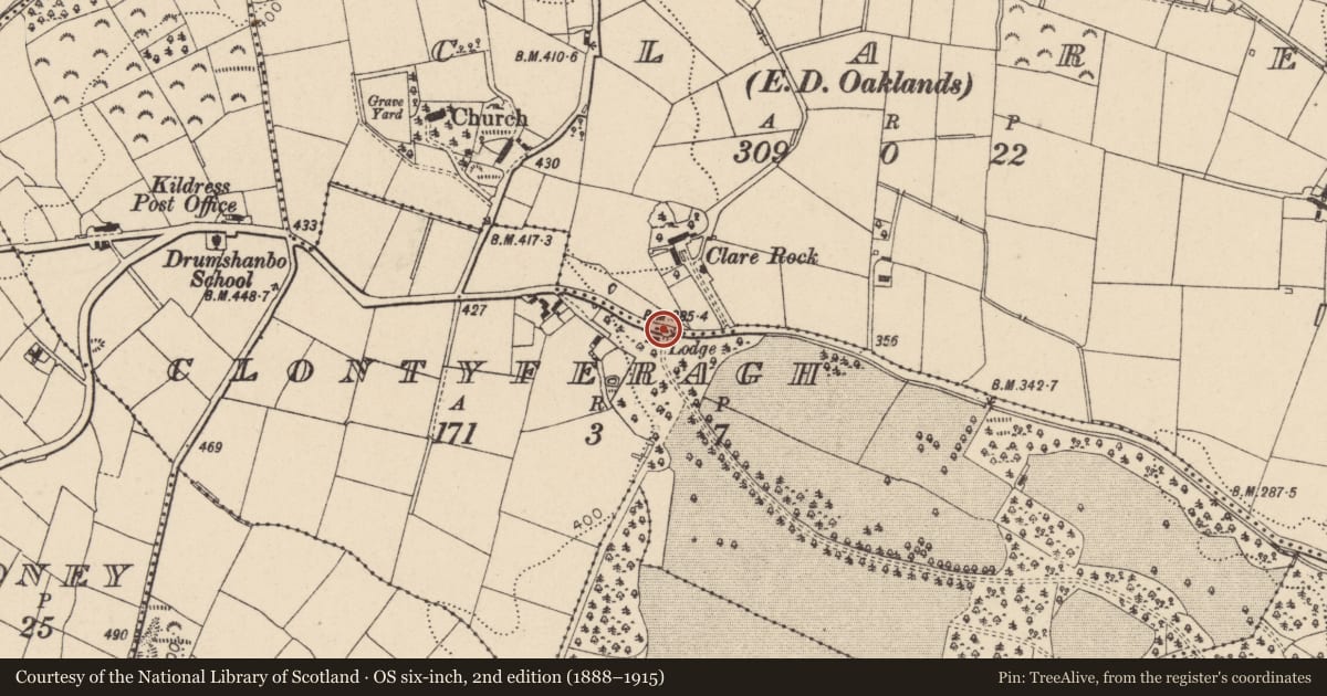 Ordnance Survey six-inch map, 2nd edition (1888–1915) covering the location of Rear Gate Lodge, Legnacash, Mid Ulster, with a pin at the register's coordinates