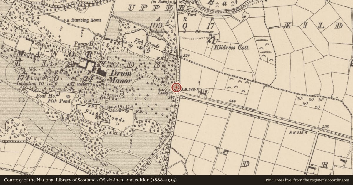 Ordnance Survey six-inch map, 2nd edition (1888–1915) covering the location of Main Gate Lodge, Oaklands, Mid Ulster, with a pin at the register's coordinates