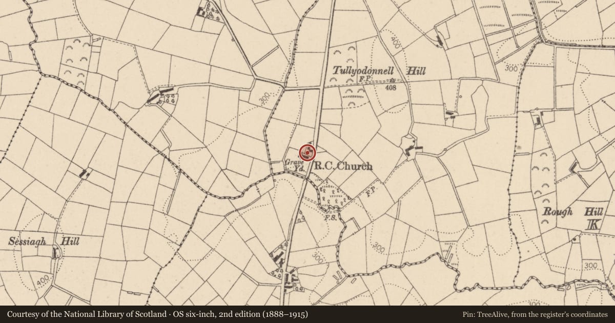 Ordnance Survey six-inch map, 2nd edition (1888–1915) covering the location of Roman Catholic Church of the Immaculate Conception, Tullyodonnell, Mid Ulster, with a pin at the register's coordinates