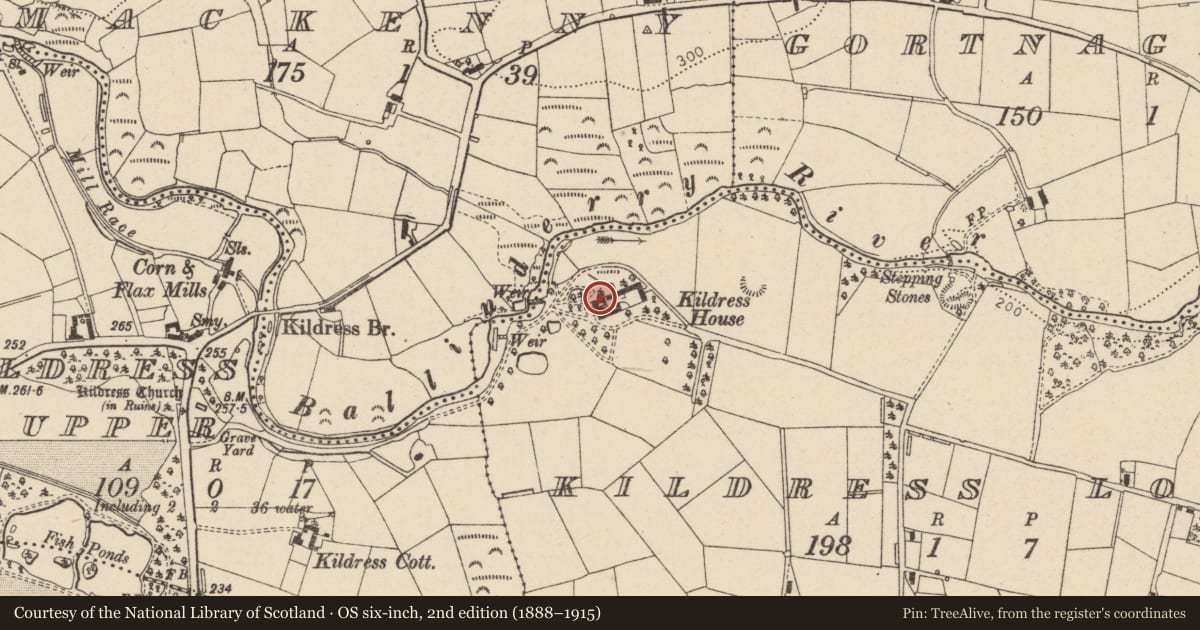 Ordnance Survey six-inch map, 2nd edition (1888–1915) covering the location of Kildress House, Kildress Lower, Mid Ulster, with a pin at the register's coordinates