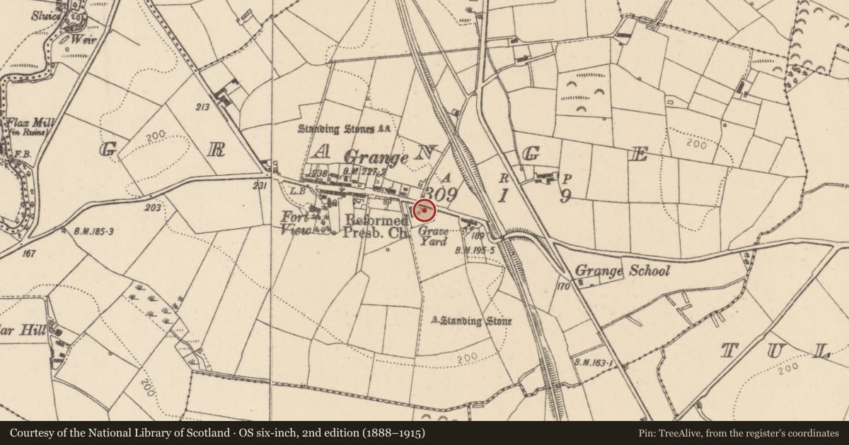 Ordnance Survey six-inch map, 2nd edition (1888–1915) covering the location of Graveyard off Grange Road, Mid Ulster, with a pin at the register's coordinates