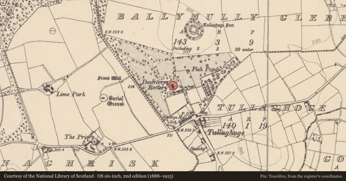 Ordnance Survey six-inch map, 2nd edition (1888–1915) covering the location of 60 Tullywiggan Road, Mid Ulster, with a pin at the register's coordinates