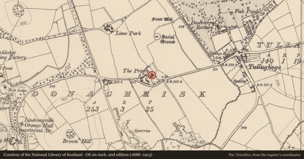 Ordnance Survey six-inch map, 2nd edition (1888–1915) covering the location of The Priory, Mid Ulster, with a pin at the register's coordinates