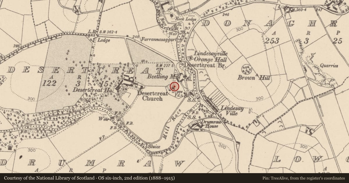 Ordnance Survey six-inch map, 2nd edition (1888–1915) covering the location of Desertcreat Parish Church, Mid Ulster, with a pin at the register's coordinates