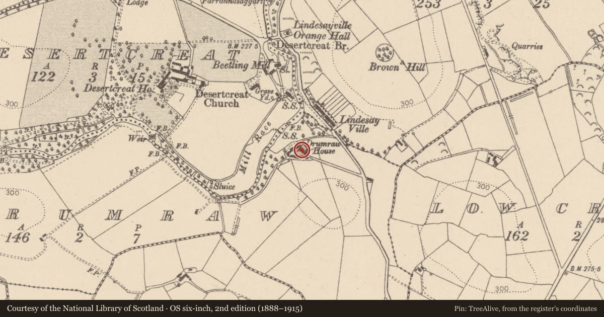 Ordnance Survey six-inch map, 2nd edition (1888–1915) covering the location of Drumraw House, 71 Lindesayville Road, BT80 9UH, Mid Ulster, with a pin at the register's coordinates