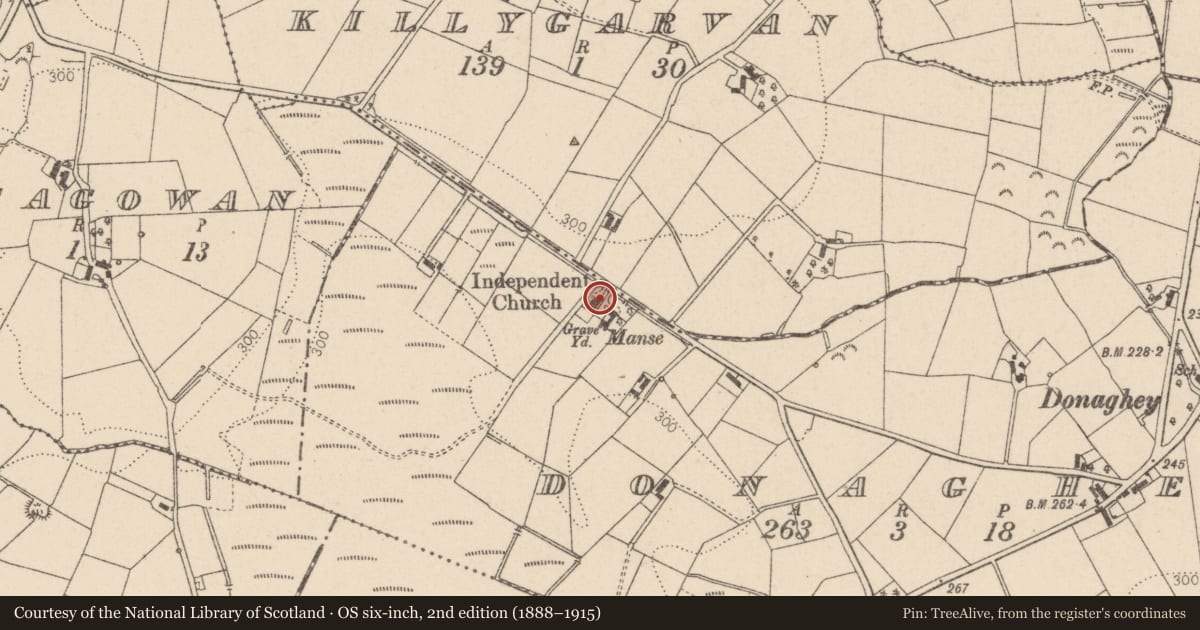 Ordnance Survey six-inch map, 2nd edition (1888–1915) covering the location of Dunaghy Independent Church, beside 30 Killygarvin Road, Mid Ulster, with a pin at the register's coordinates
