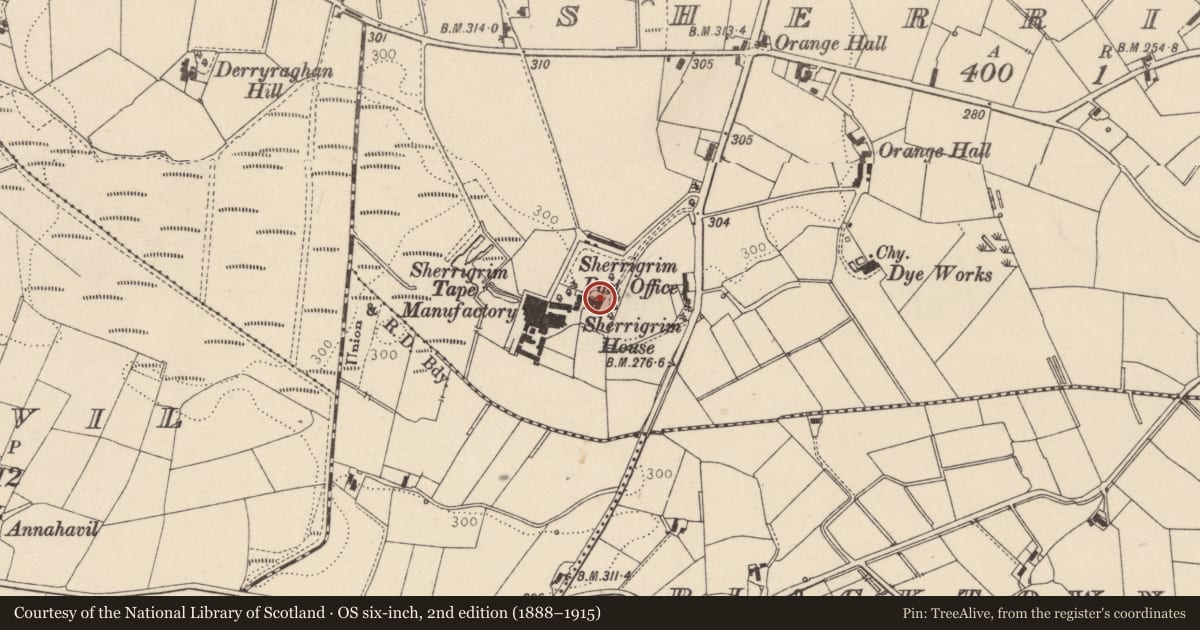 Ordnance Survey six-inch map, 2nd edition (1888–1915) covering the location of Sherrigrim House, Mid Ulster, with a pin at the register's coordinates