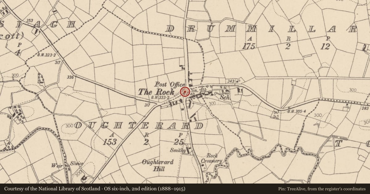 Ordnance Survey six-inch map, 2nd edition (1888–1915) covering the location of Village Pump, Oughterard, Mid Ulster, with a pin at the register's coordinates