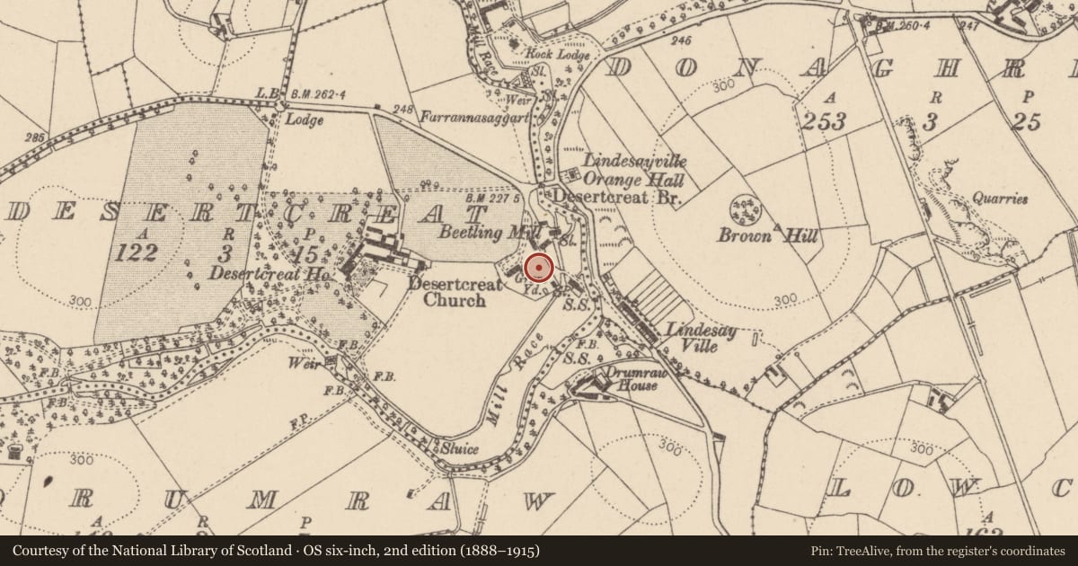 Ordnance Survey six-inch map, 2nd edition (1888–1915) covering the location of Greer Mausoleum, Desertcreat, Mid Ulster, with a pin at the register's coordinates