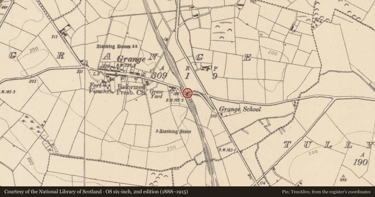 Ordnance Survey six-inch map, 2nd edition (1888–1915) covering the location of Railway Bridge, Grange, Mid Ulster, with a pin at the register's coordinates