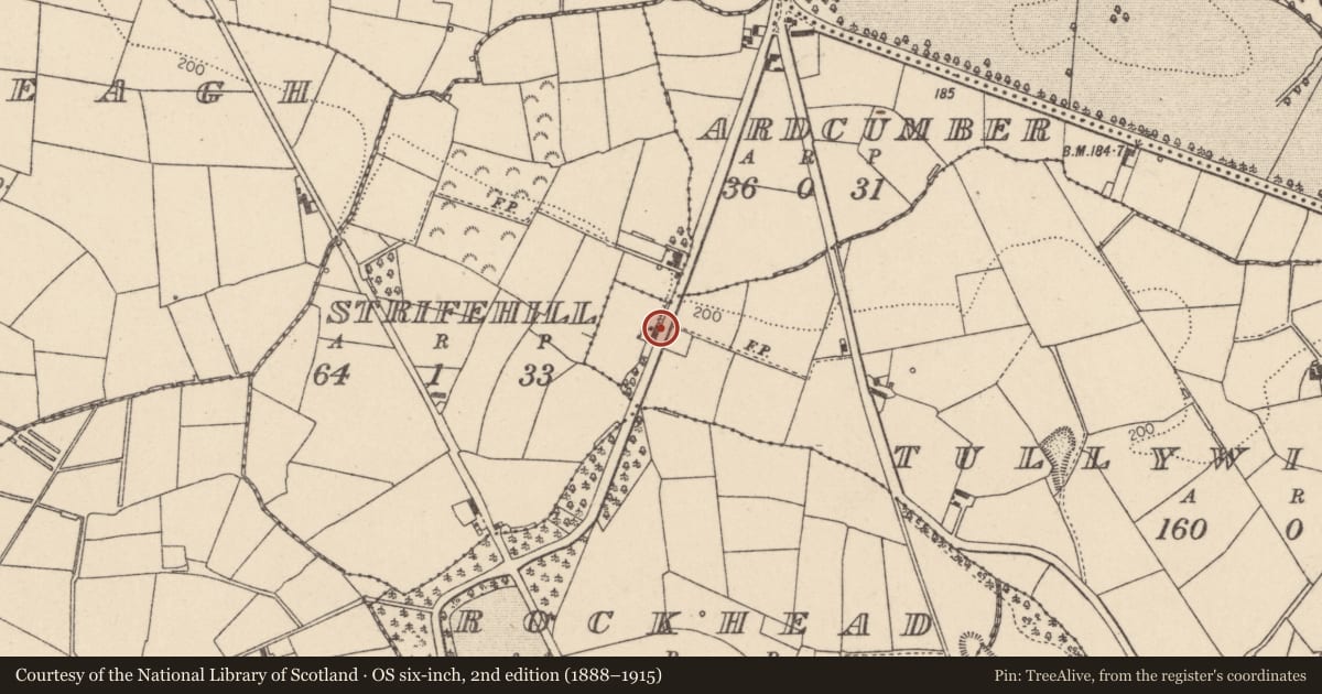 Ordnance Survey six-inch map, 2nd edition (1888–1915) covering the location of 27 Ardcumber Road, Tullywiggan, Mid Ulster, with a pin at the register's coordinates