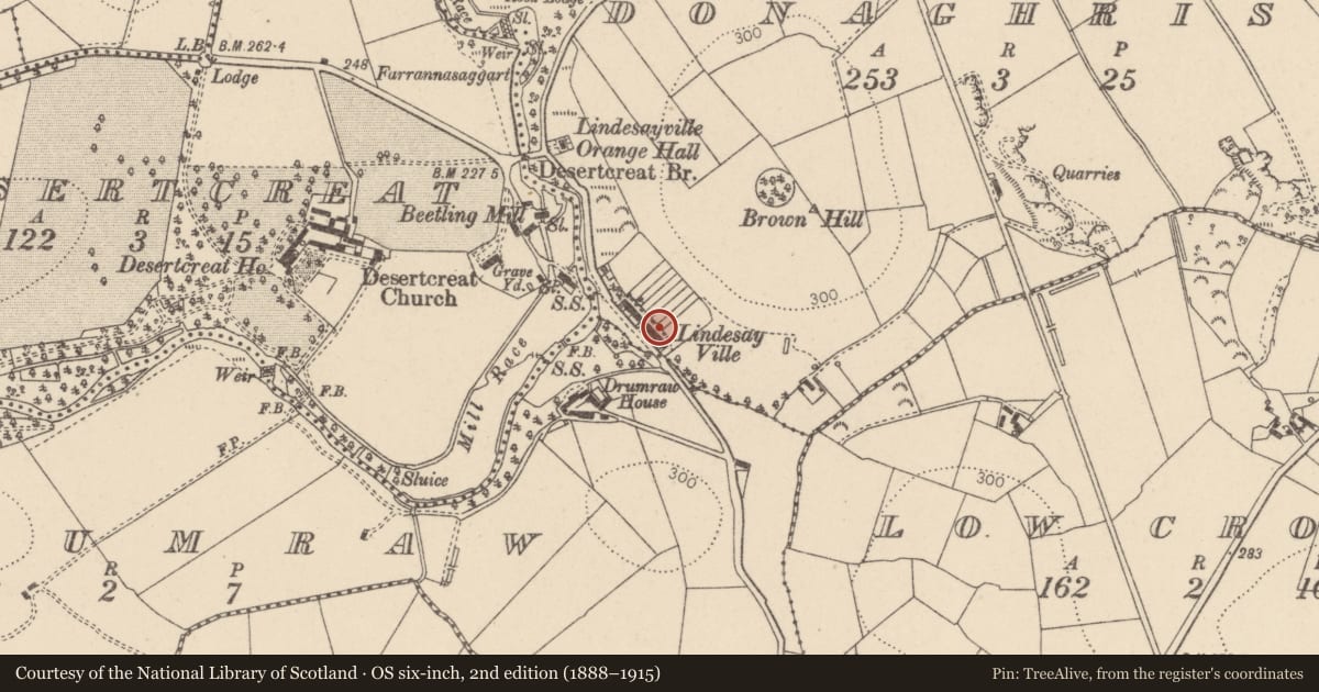 Ordnance Survey six-inch map, 2nd edition (1888–1915) covering the location of 58 Lindesayville Road, Donaghrisk, Mid Ulster, with a pin at the register's coordinates