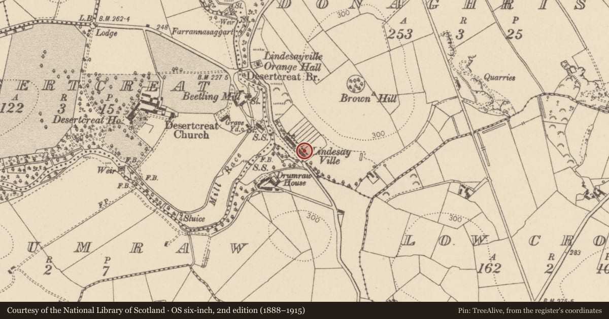 Ordnance Survey six-inch map, 2nd edition (1888–1915) covering the location of 60 Lindesayville Road, Donaghrisk, Mid Ulster, with a pin at the register's coordinates