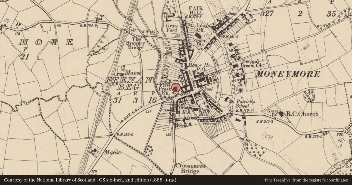Ordnance Survey six-inch map, 2nd edition (1888–1915) covering the location of First Presbyterian Church, Moneymore, Mid Ulster, with a pin at the register's coordinates