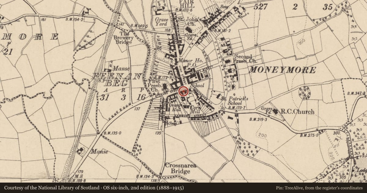 Ordnance Survey six-inch map, 2nd edition (1888–1915) covering the location of 4/6 Stonard Street, Moneymore, Mid Ulster, with a pin at the register's coordinates