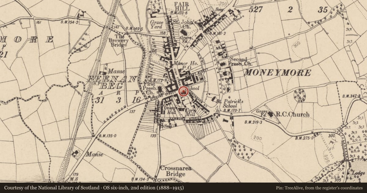 Ordnance Survey six-inch map, 2nd edition (1888–1915) covering the location of Orange Hall, Moneymore, Mid Ulster, with a pin at the register's coordinates