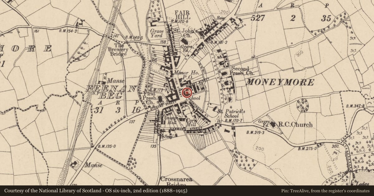 Ordnance Survey six-inch map, 2nd edition (1888–1915) covering the location of 1-3 High Street, Moneymore, Mid Ulster, with a pin at the register's coordinates
