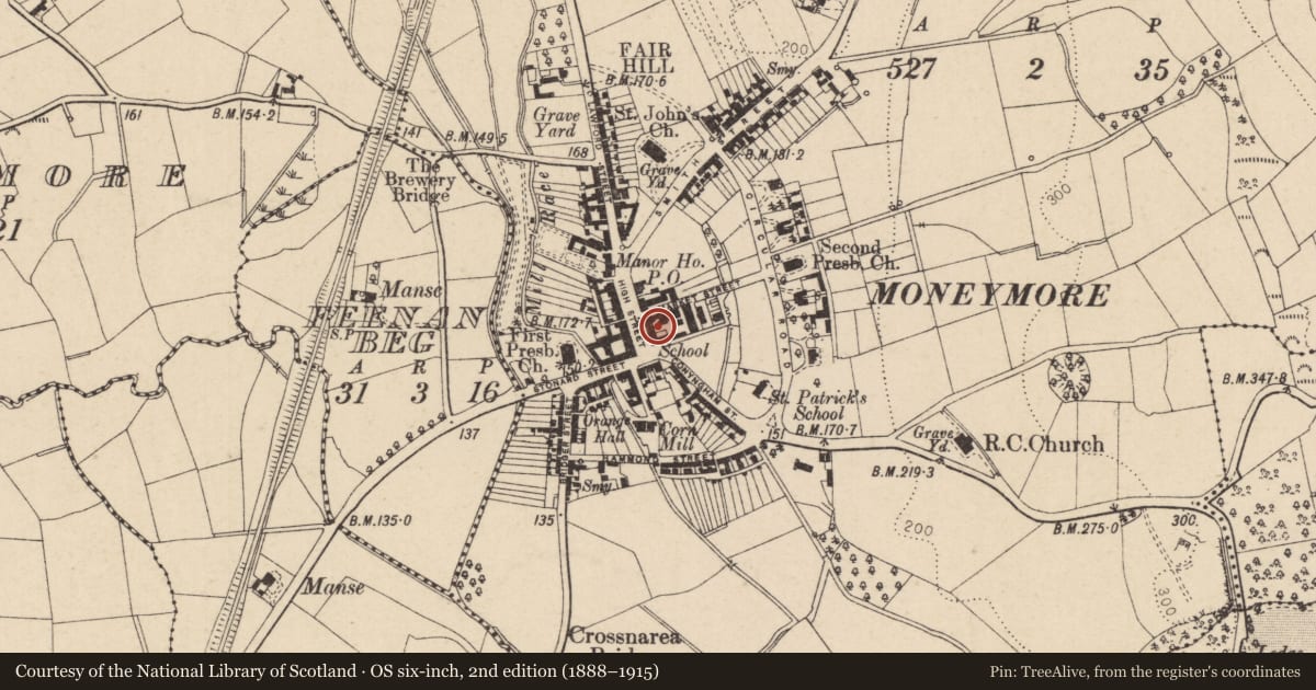 Ordnance Survey six-inch map, 2nd edition (1888–1915) covering the location of 5-7 High Street, Moneymore, Mid Ulster, with a pin at the register's coordinates