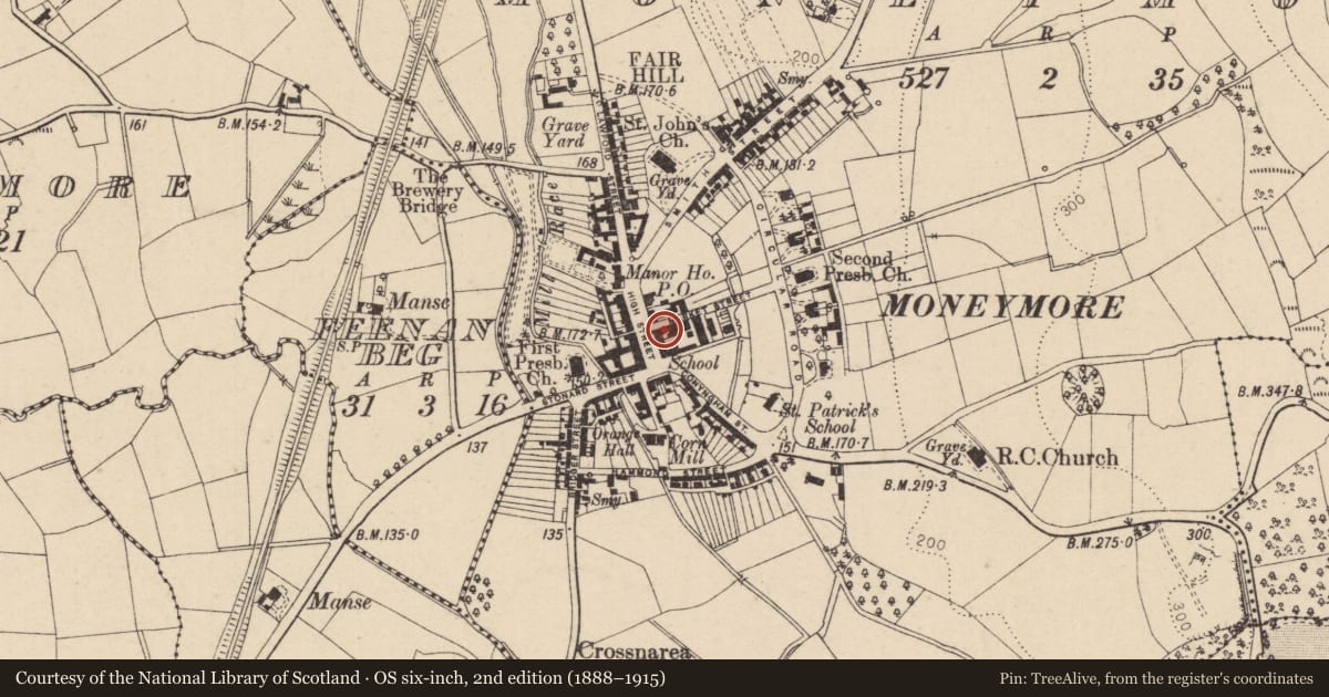 Ordnance Survey six-inch map, 2nd edition (1888–1915) covering the location of 11 High Street, Moneymore, Mid Ulster, with a pin at the register's coordinates