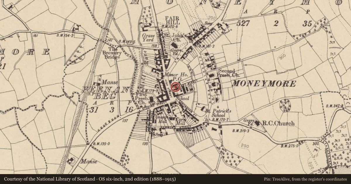 Ordnance Survey six-inch map, 2nd edition (1888–1915) covering the location of 3 Market Street, Moneymore, Mid Ulster, with a pin at the register's coordinates