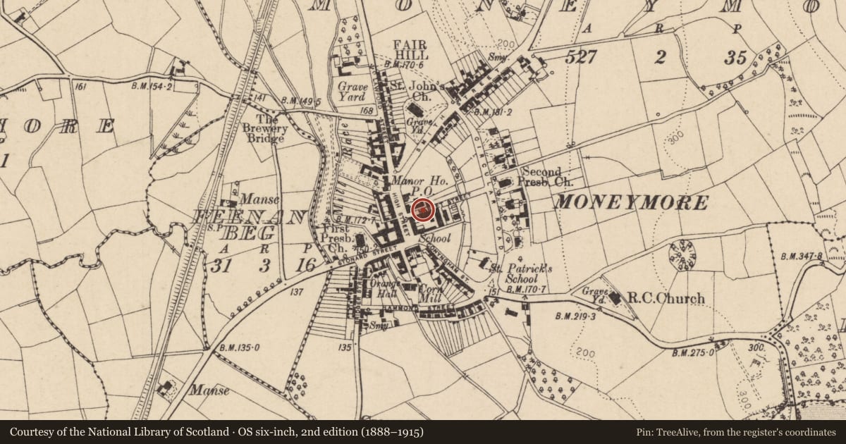 Ordnance Survey six-inch map, 2nd edition (1888–1915) covering the location of 5 Market Street, Moneymore, Mid Ulster, with a pin at the register's coordinates