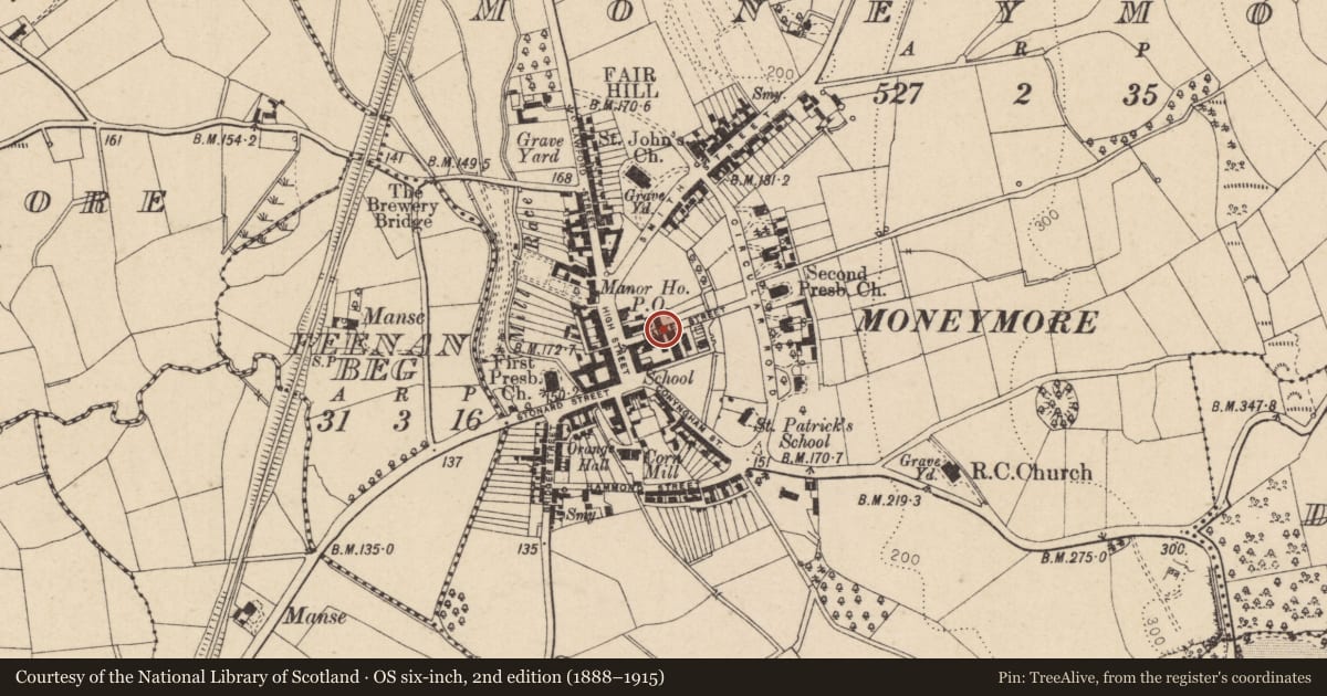 Ordnance Survey six-inch map, 2nd edition (1888–1915) covering the location of 9 Market Street, Moneymore, Mid Ulster, with a pin at the register's coordinates