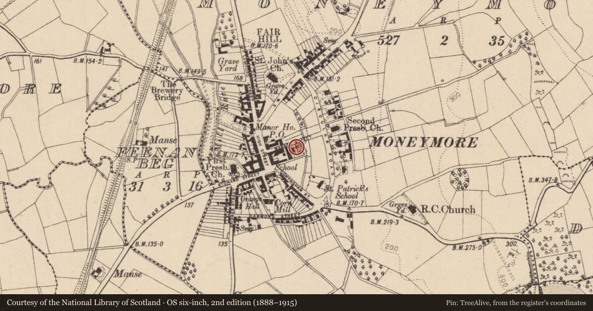Ordnance Survey six-inch map, 2nd edition (1888–1915) covering the location of 15 Market Street, Moneymore, Mid Ulster, with a pin at the register's coordinates