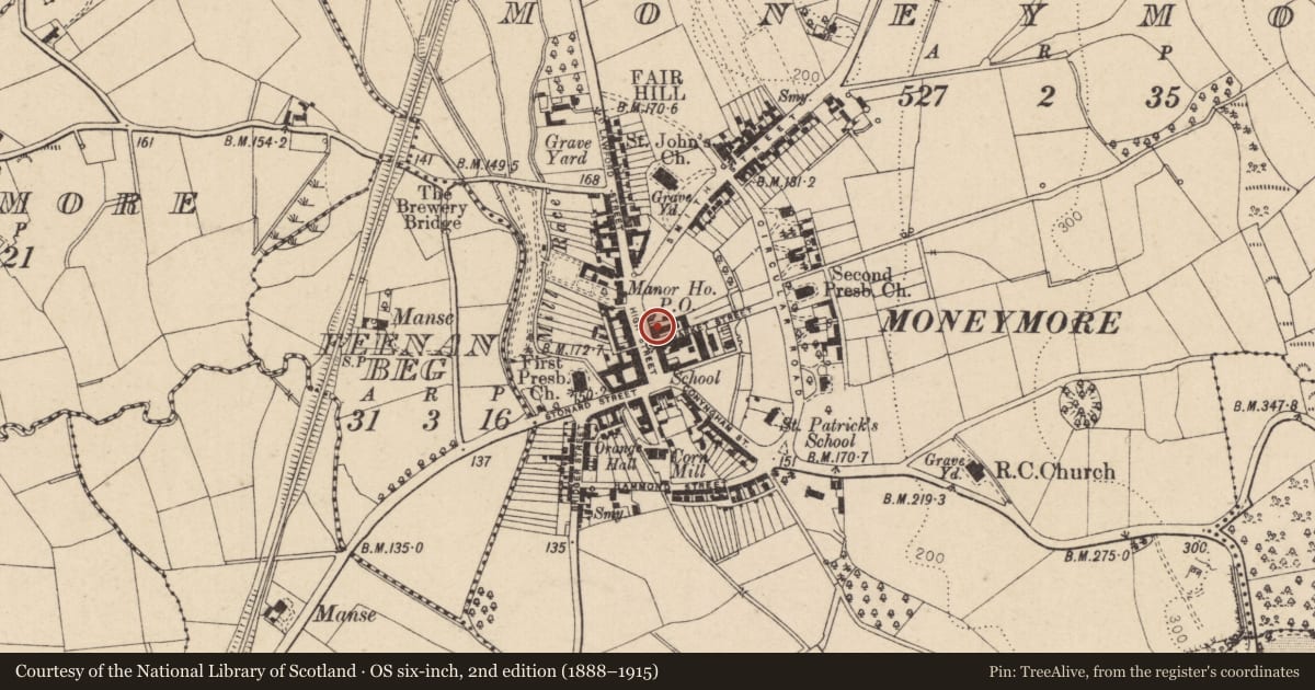Ordnance Survey six-inch map, 2nd edition (1888–1915) covering the location of 15-17 High Street, Moneymore, Mid Ulster, with a pin at the register's coordinates