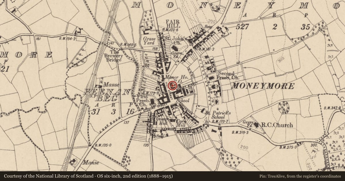Ordnance Survey six-inch map, 2nd edition (1888–1915) covering the location of 19-21 High Street, Moneymore, Mid Ulster, with a pin at the register's coordinates