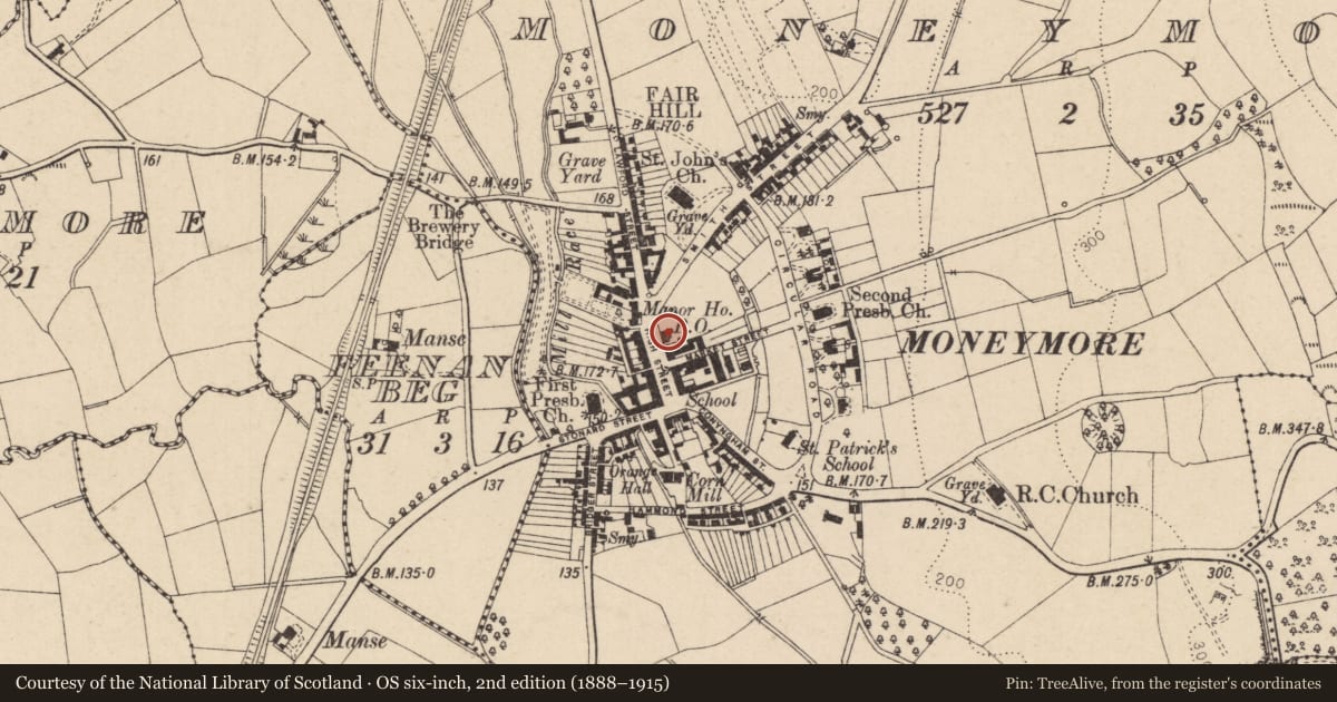Ordnance Survey six-inch map, 2nd edition (1888–1915) covering the location of 23/25 High Street, Moneymore, Mid Ulster, with a pin at the register's coordinates