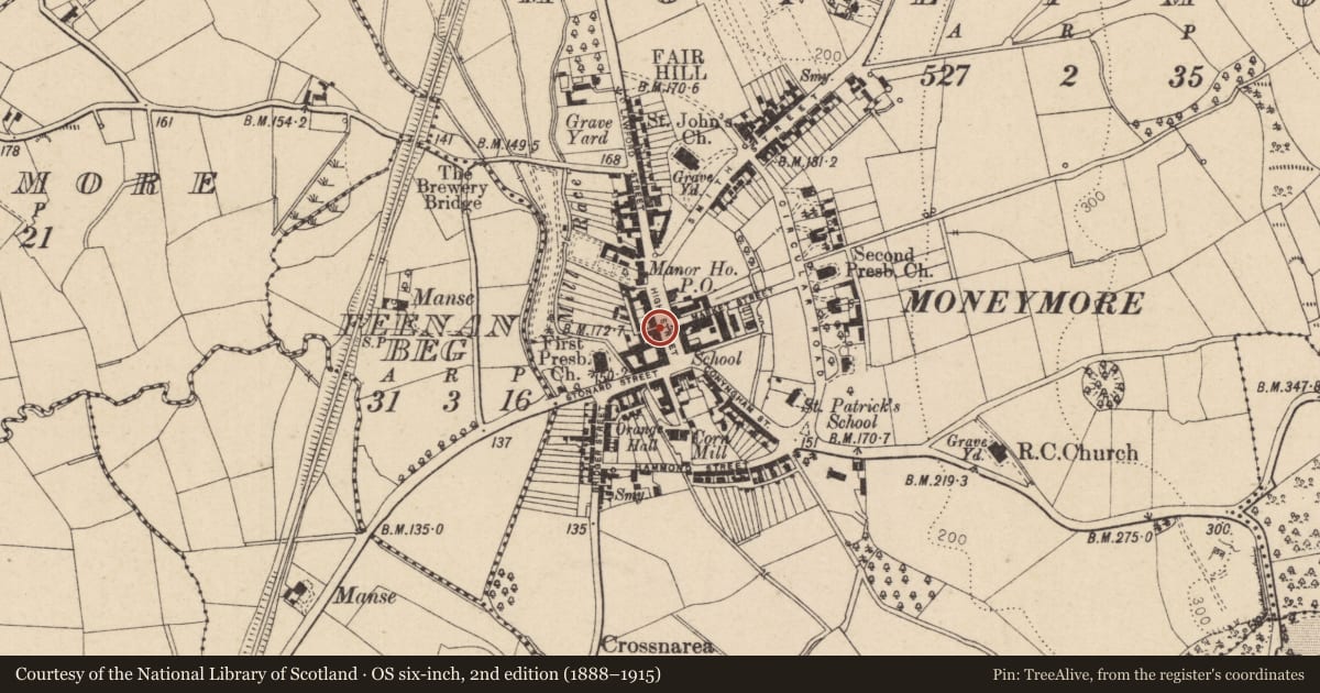 Ordnance Survey six-inch map, 2nd edition (1888–1915) covering the location of 8 High Street, Moneymore, Mid Ulster, with a pin at the register's coordinates