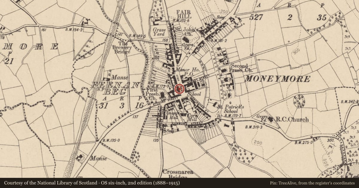 Ordnance Survey six-inch map, 2nd edition (1888–1915) covering the location of 6 High Street, Moneymore, Mid Ulster, with a pin at the register's coordinates